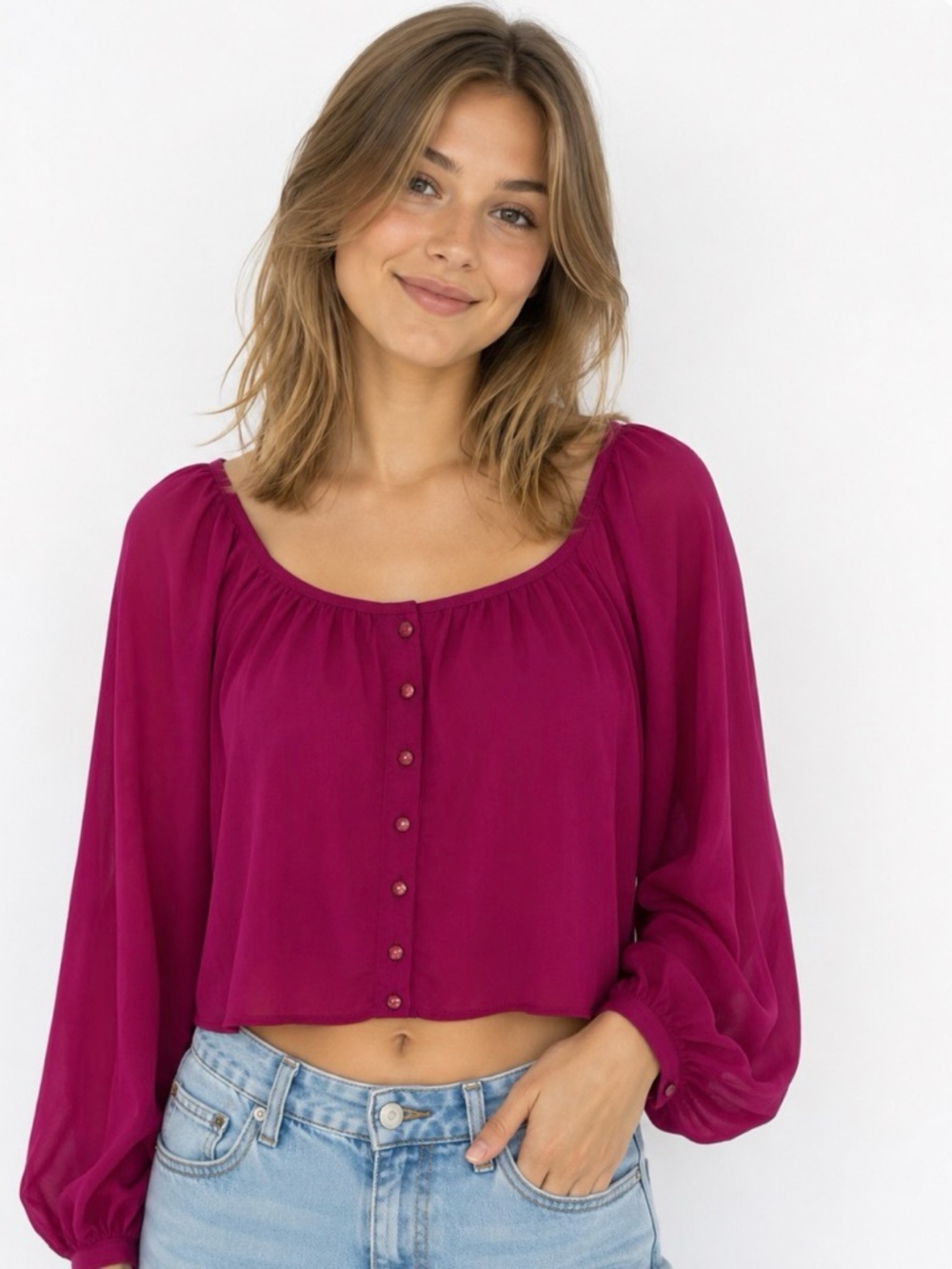 My Brand long sleeves sheer fuchsia crop top women’s blouse lsize medium